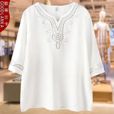 中老年妈妈夏装民族风绣花短袖上衣宽松200斤加肥加大码女提花T恤商品大图