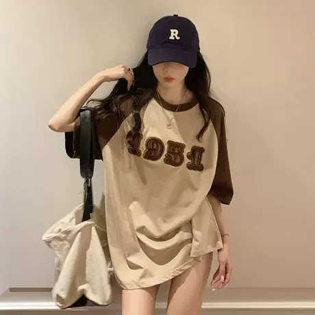 美式复古毛巾刺绣短袖t恤女潮ins宽松小众设计感半袖chic港味上衣商品大图