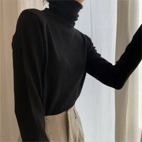 2023年新款春秋冬季白色洋气半高领百搭打底衫内搭黑色长袖t恤女图片