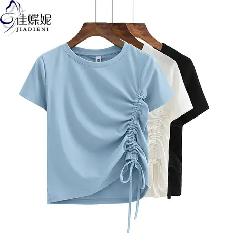 夏季新款韩版圆领修身纯棉短款纯欲抽绳短袖体恤上衣内搭女打底衫商品大图