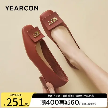 意尔康女鞋2023新款皮鞋女士浅口单鞋粗跟低跟方头通勤工作鞋商品大图