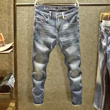 复古蓝色牛仔裤男韩版修身小脚裤个性潮牌欧美高端弹力直筒长裤子商品大图