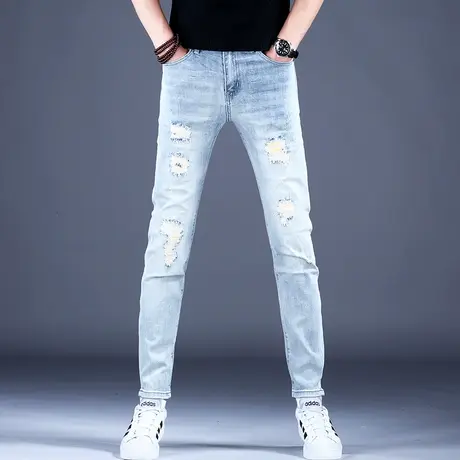 浅蓝色破洞牛仔裤男款修身小脚休闲裤子男士2023新款韩版潮牌潮流商品大图