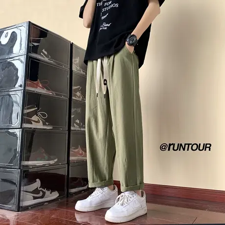 军绿色休闲九分裤男式夏季工装宽松长裤ins潮牌百搭直筒通勤裤子商品大图