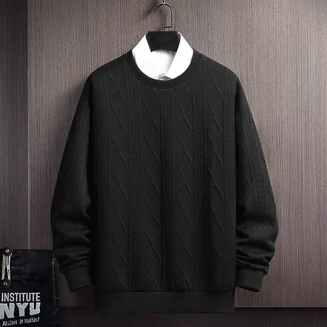 卫衣男秋冬男装运动服暗纹针织加绒宽松圆领长袖上衣运动套头衫潮图片