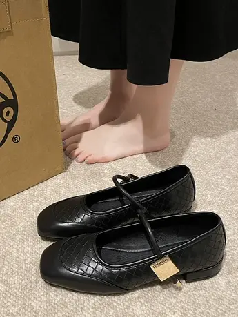 浅口豆豆鞋女2023春秋一字带法式皮面单鞋复古平底晚晚鞋玛丽珍鞋商品大图