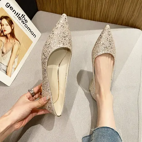 2023新款凉鞋夏季秋季闪闪发光低跟包头尖头凉鞋仙女风名媛宴会鞋商品大图