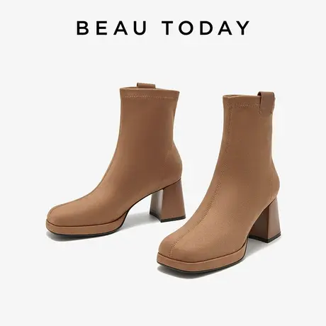 BeauToday瘦瘦靴短靴女2023新款春秋单靴BT真皮高跟短靴女马丁靴图片