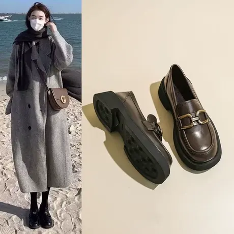 潮牌棕色小皮鞋女英伦风秋季新款厚底时尚百搭复古浅口圆头乐福鞋图片