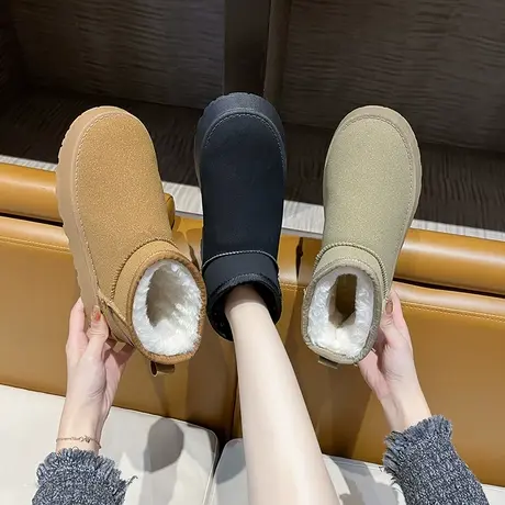 厚底雪地靴女皮毛一体靴子2023年新款冬季加绒加厚保暖面包棉鞋子商品大图