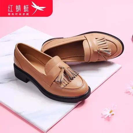 红蜻蜓女鞋春夏2024新款真皮复古英伦风黑色小皮鞋女圆头软皮鞋子图片
