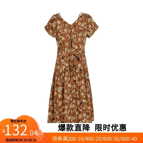 【艾格】2023夏新款碎花连衣裙腰部系带绑带V领休闲气质中长裙子图片