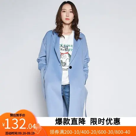 【断码L】艾格羊毛韩版宽松简约翻领腰带保暖中长毛呢大衣Y211商品大图