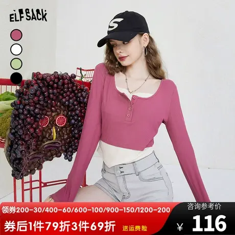 妖精的口袋假两件t恤女长袖2023秋季新款修身显瘦短款小个子上衣图片
