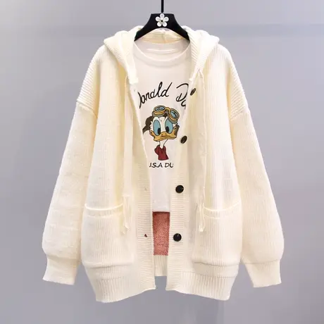 卡通连帽毛衣外套女春装2023年新款宽松慵懒风中长款减龄针织开衫图片