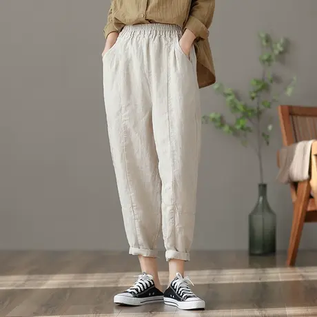 dza 高腰显瘦春秋新款休闲亚麻裤外穿宽松阔腿裤子女士直筒棉麻裤图片