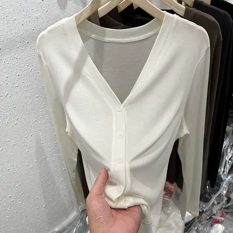 V领纯色百搭薄款天丝长袖T恤女2023早秋新款洋气修身简约开衫上衣商品大图