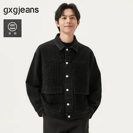 gxg.jeans男装 黑色夹棉复古口袋老花牛仔夹克外套男 25春新品图片