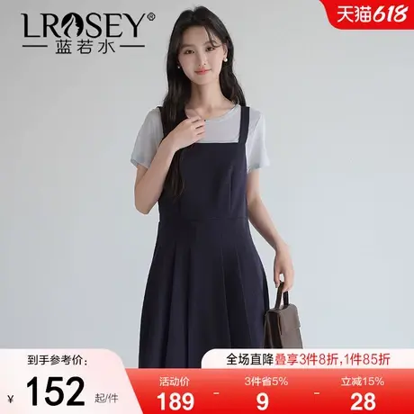 蓝若水大码女装2025夏新款胖MM假两件背带拼接百褶减龄遮肉连衣裙图片