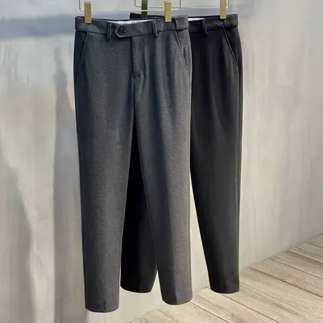 毛呢裤男士加厚休闲裤秋冬男裤坠感小西裤修身直筒九分裤男小脚裤图片