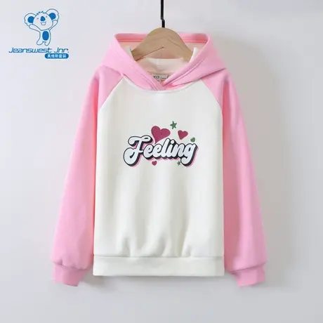 JJ真维斯女童连帽卫衣2024冬季新款童装加绒保暖撞色印花长袖上衣商品大图