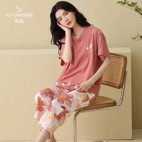 秋鹿秋鹿【门店爆款】夏天睡衣女纯棉短袖七分裤春秋全棉家居服商品大图