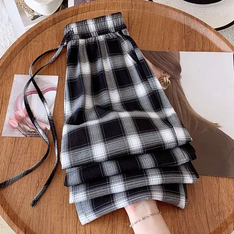 拉夏贝尔格子阔腿裤女夏季薄款2025显瘦小个子防晒裤凉凉裤直筒裤图片