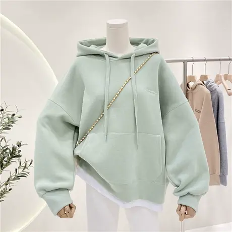 卫衣女加绒加厚2021秋冬新款韩版宽松大码假两件拼接套头连帽外套商品大图