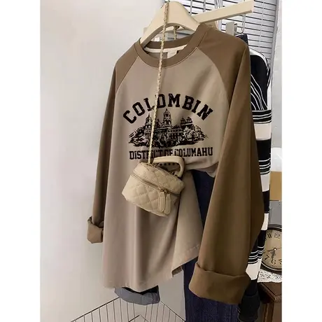 胖mm大码显瘦插肩袖T恤女韩版chic高级感穿搭小个子ins潮长袖上衣商品大图