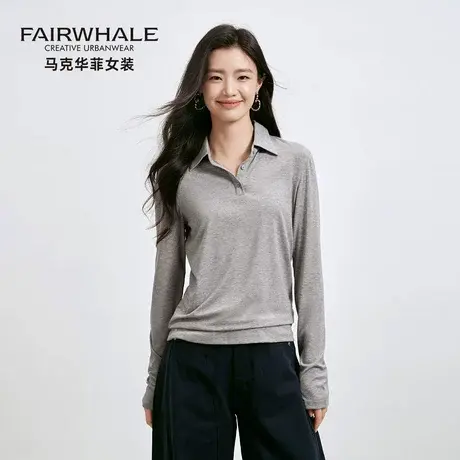 马克华菲桑蚕丝翻领打底衫女2025新款宽松简约长袖T恤设计感上衣商品大图