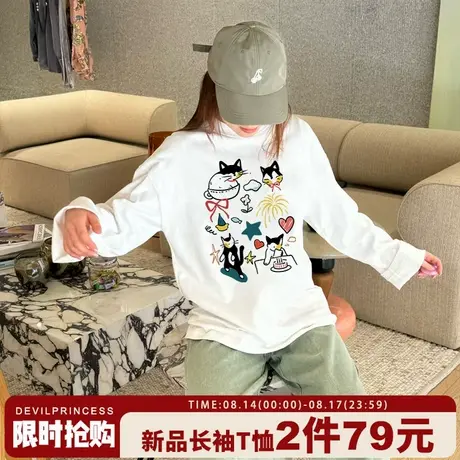 2025早秋新款白色长袖t恤女设计感小众涂鸦风卡通印花纯棉上衣潮商品大图