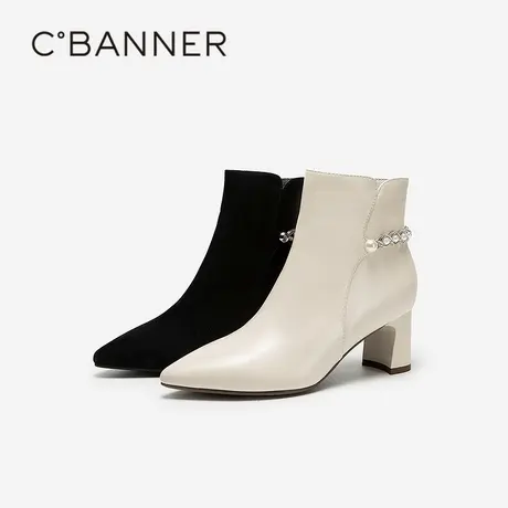 千百度粗高跟羊皮靴时装靴女2025冬季新款显瘦轻奢加绒保暖短靴子商品大图