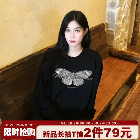 2025新款爆款黑色长袖t恤女美式复古风蝴蝶印花宽松正肩上衣ins潮商品大图