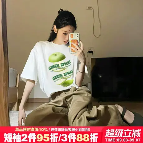 夏季新款宽松正肩白色短袖t恤女vintage美式学院风超火半袖上衣潮商品大图