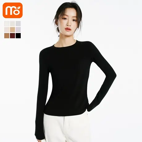 莫代尔黑色内搭打底衫2025新款女长袖圆领春秋可外穿含羊毛上衣商品大图
