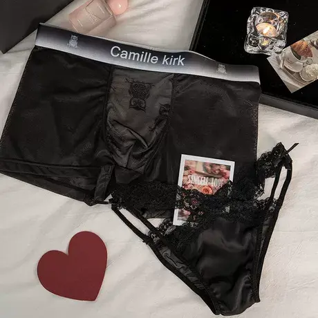 黑欲交织~冰丝情侣内裤秋季一男一女性感网纱蕾丝纯欲三角平角裤商品大图