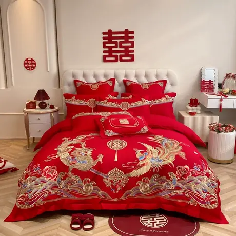 2026新款大红喜庆亲肤棉时尚重工刺绣婚庆四件套图片