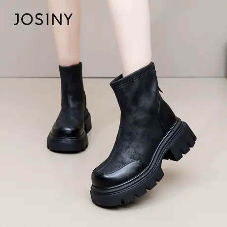卓诗尼2025秋冬新款厚底短靴女瘦瘦靴女鞋子马丁靴女黑色切尔西靴图片