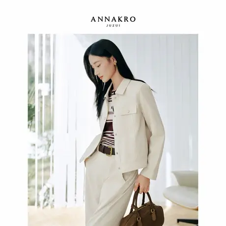 玖姿安娜蔻休闲老钱风翻领单排扣H型短款夹克外套女2026春季新款图片