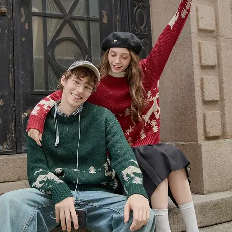 唐狮秋冬毛衣情侣款圆领套头费尔岛提花节日氛围毛线衫超好看TM图片