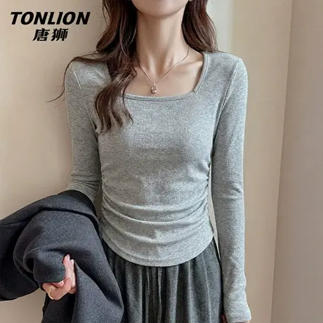唐狮官方正肩修身长袖t恤女2026新款春秋款小个子显瘦方领上衣VB商品大图