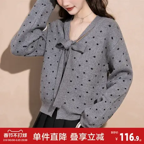 唐狮2026春季新款波点图案领口系带设计感开衫千金淑女风气质上衣图片