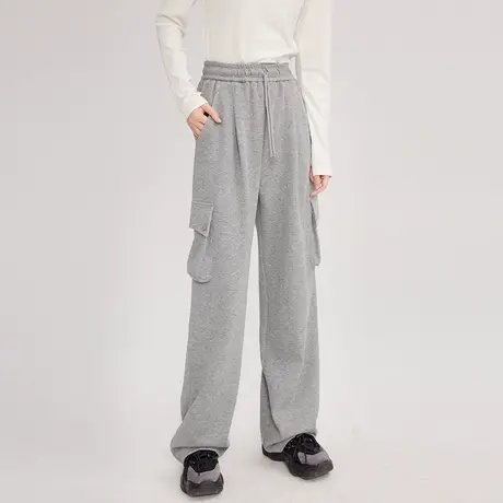 尔给2022新款直筒卫裤宽松灰色多口袋裤子女秋冬款图片