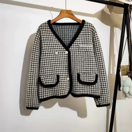 小香风格子毛衣开衫外套女秋冬新款宽松v领法式气质名媛针织上衣商品大图