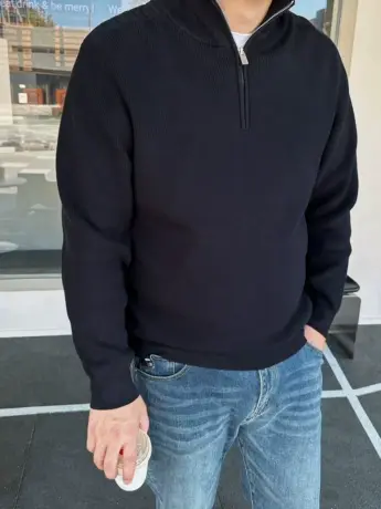 DAEVU冬款大码男装韩系半拉链立领潮胖子加肥加大套头针织毛衣图片