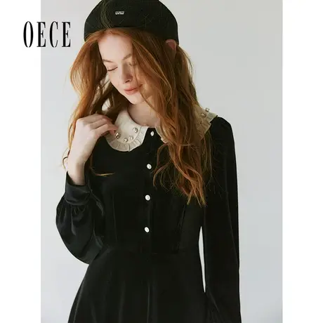 【双11新品】Oece减龄娃娃领连衣裙女2023秋冬新款复古气质裙子图片