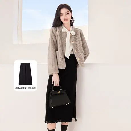 【直播间】香影黑色针织半身裙女2023秋冬季新款法式气质高腰流苏图片