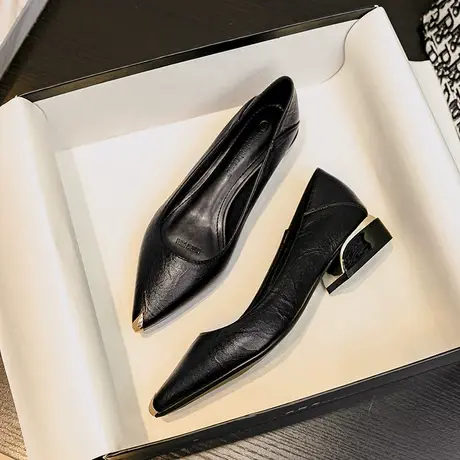 真皮尖头单鞋女2023年春夏季新款粗跟不累脚软底职业平底小皮鞋子商品大图