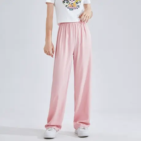 唐狮净色阔腿裤女夏季薄款休闲直筒宽松高腰垂感缎面黑色裤子图片