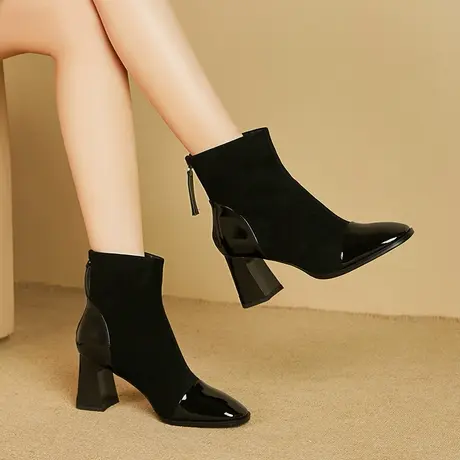 2023秋季新款真皮拼接显气质粗跟高跟百搭时尚舒适磨砂加绒短靴女图片